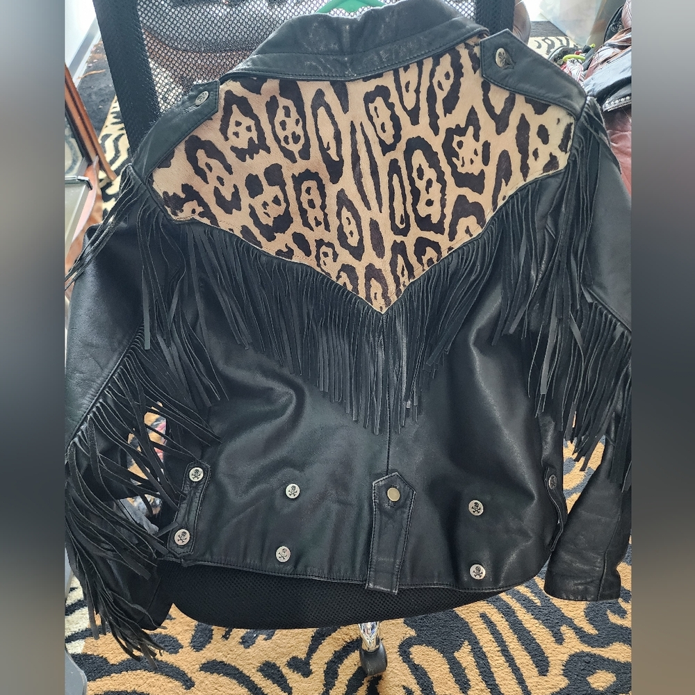 Black and Brown Calfskin & Leather Fringe Jacket With Skeleton Button Details - Picture 2 of 5